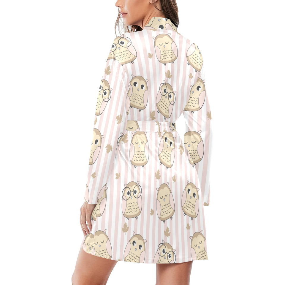 cute owl leaf Women's Long Sleeve Belted Night Robe