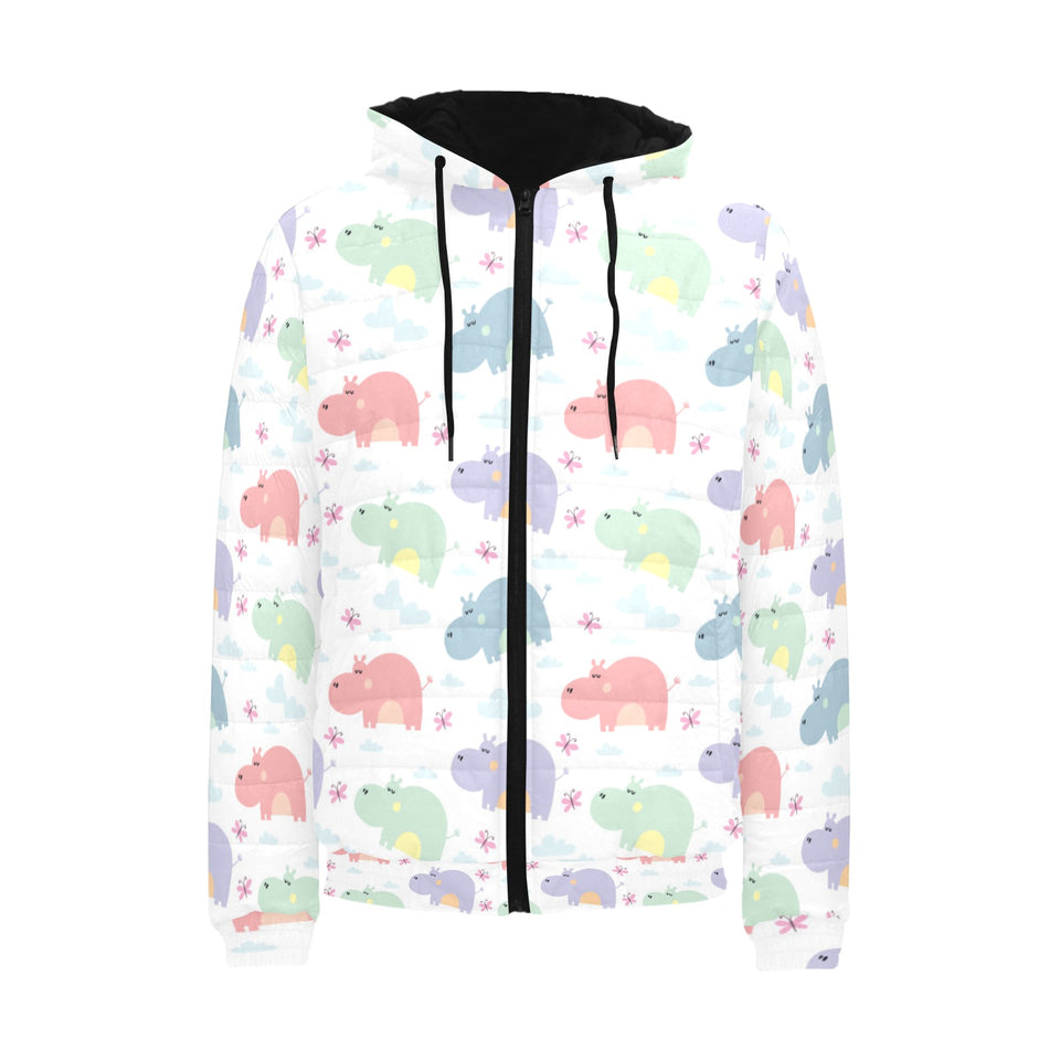 Hippopotamus Pattern Print Design 03 Men's Padded Hooded Jacket
