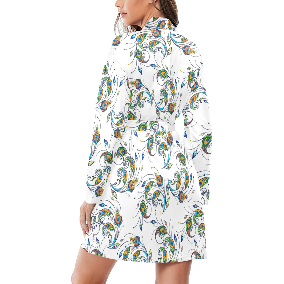 Peacock feather pattern Women's Long Sleeve Belted Night Robe