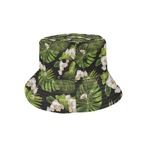 White orchid flower tropical leaves pattern blackg Unisex Bucket Hat