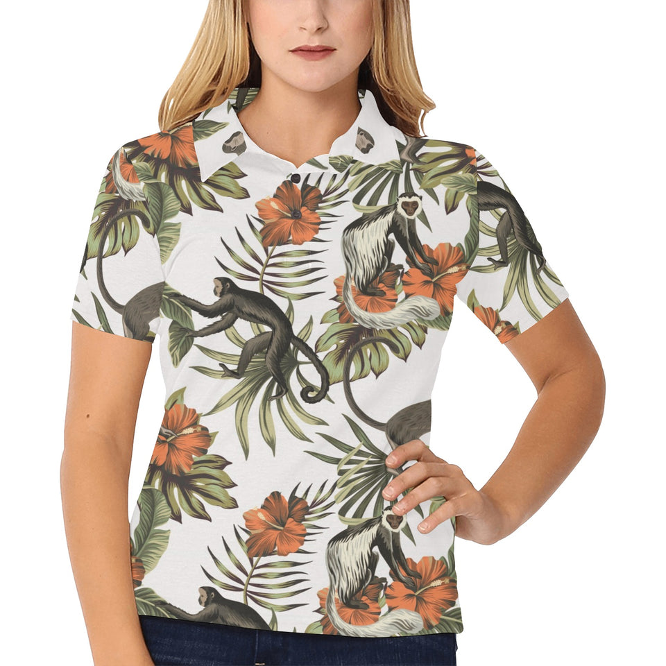 Monkey red hibiscus flower palm leaves floral patt Women's All Over Print Polo Shirt