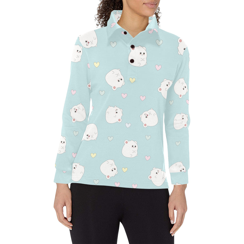 White cute hamsters heart pattern Women's Long Sleeve Polo Shirt