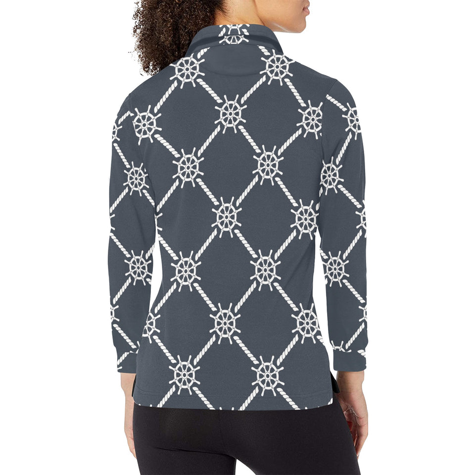 nautical steering wheel rope pattern Women's Long Sleeve Polo Shirt