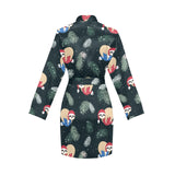 Cute sloths sleeping christmas ball santa hat patt Women's Long Sleeve Belted Night Robe
