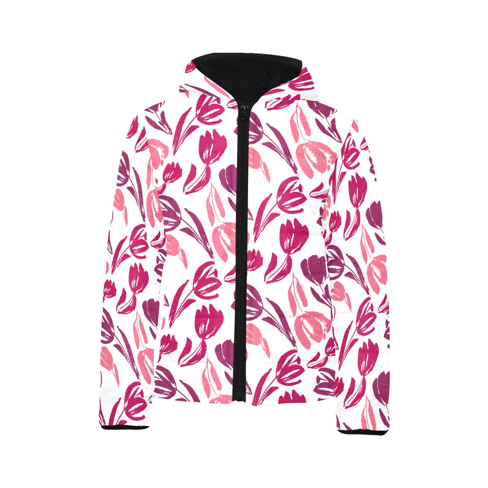 pink sketch tulip pattern Kids' Boys' Girls' Padded Hooded Jacket