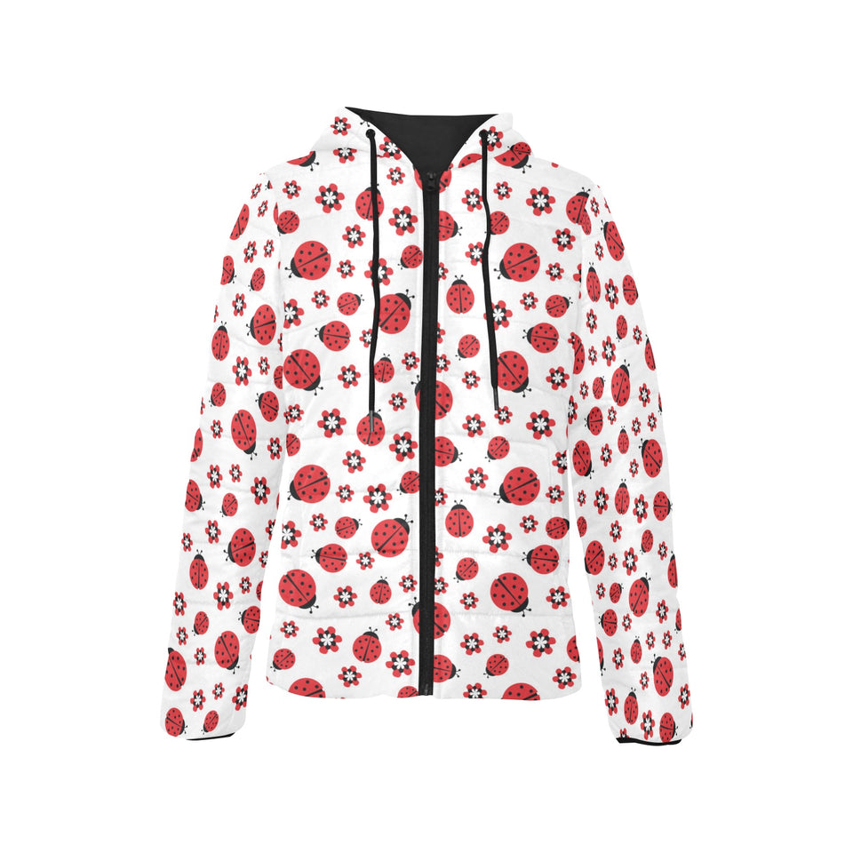Ladybug Pattern Print Design 04 Women's Padded Hooded Jacket