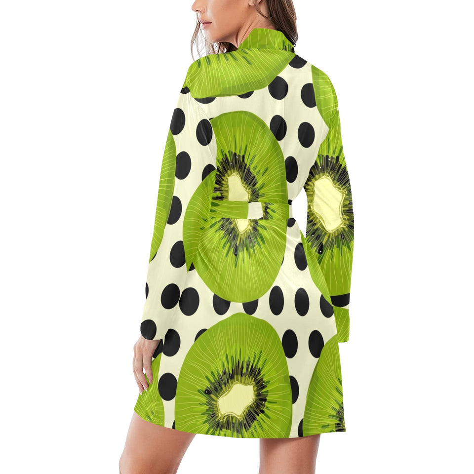 kiwi black dot background Women's Long Sleeve Belted Night Robe