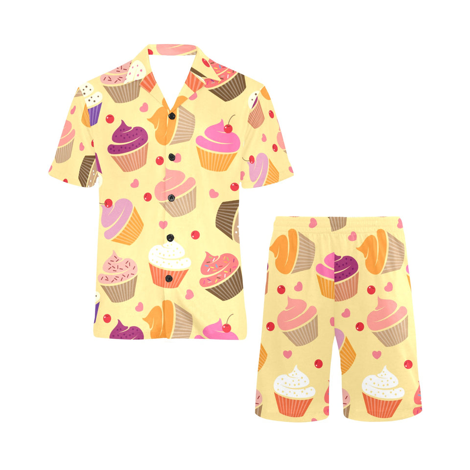 cake cupcake heart cherry pattern Men's V-Neck Short Pajama Set