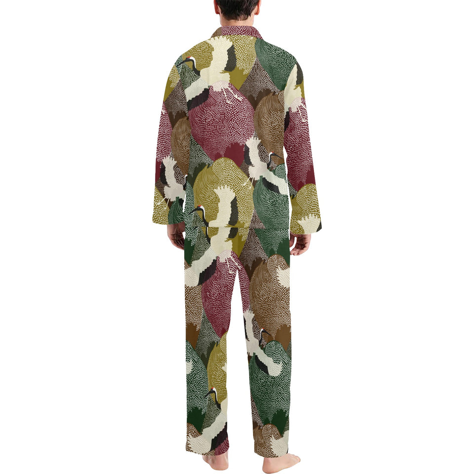 Japanese cranes flying forest dot pattern Men's Long Pajama Set