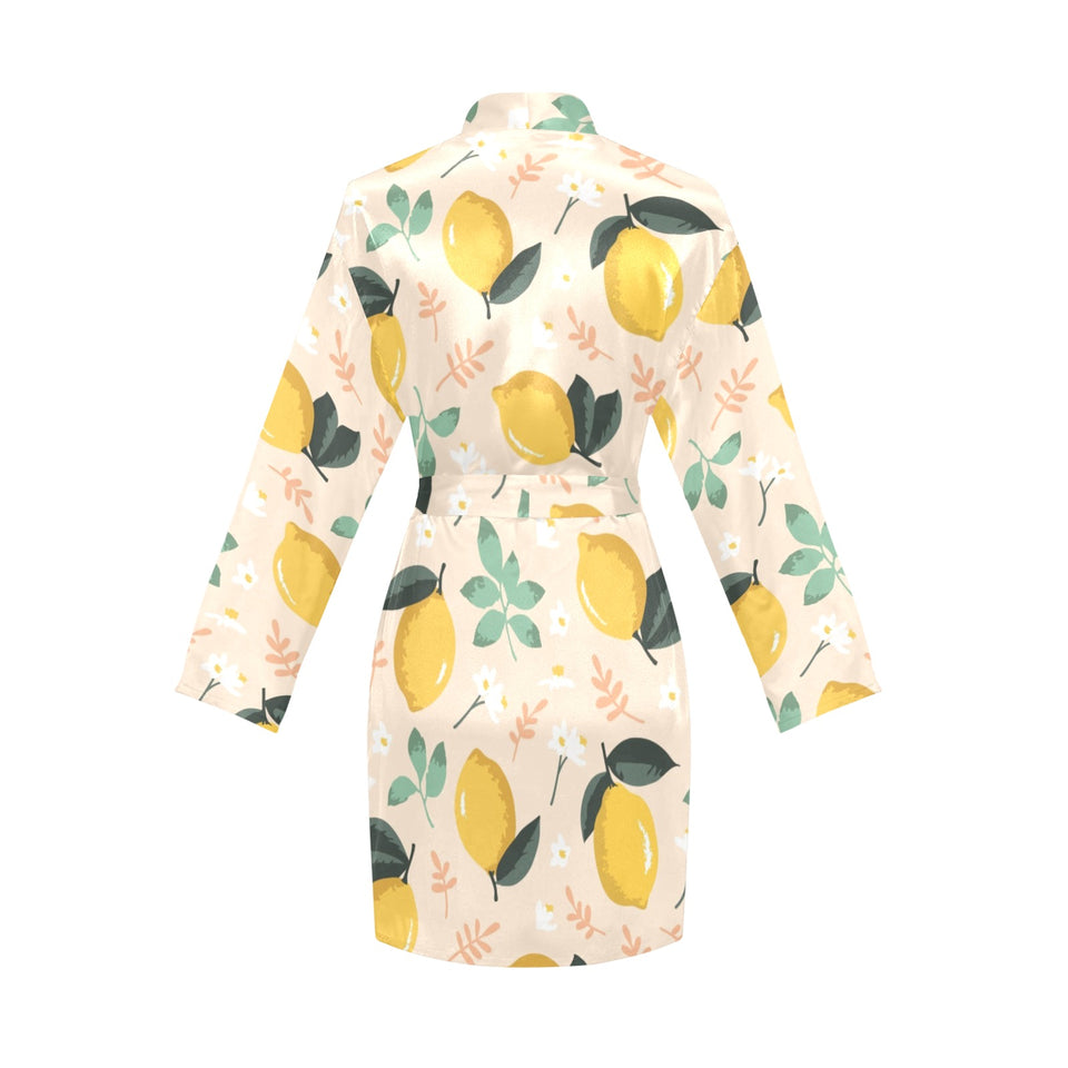 lemon flower leave pattern Women's Long Sleeve Belted Night Robe