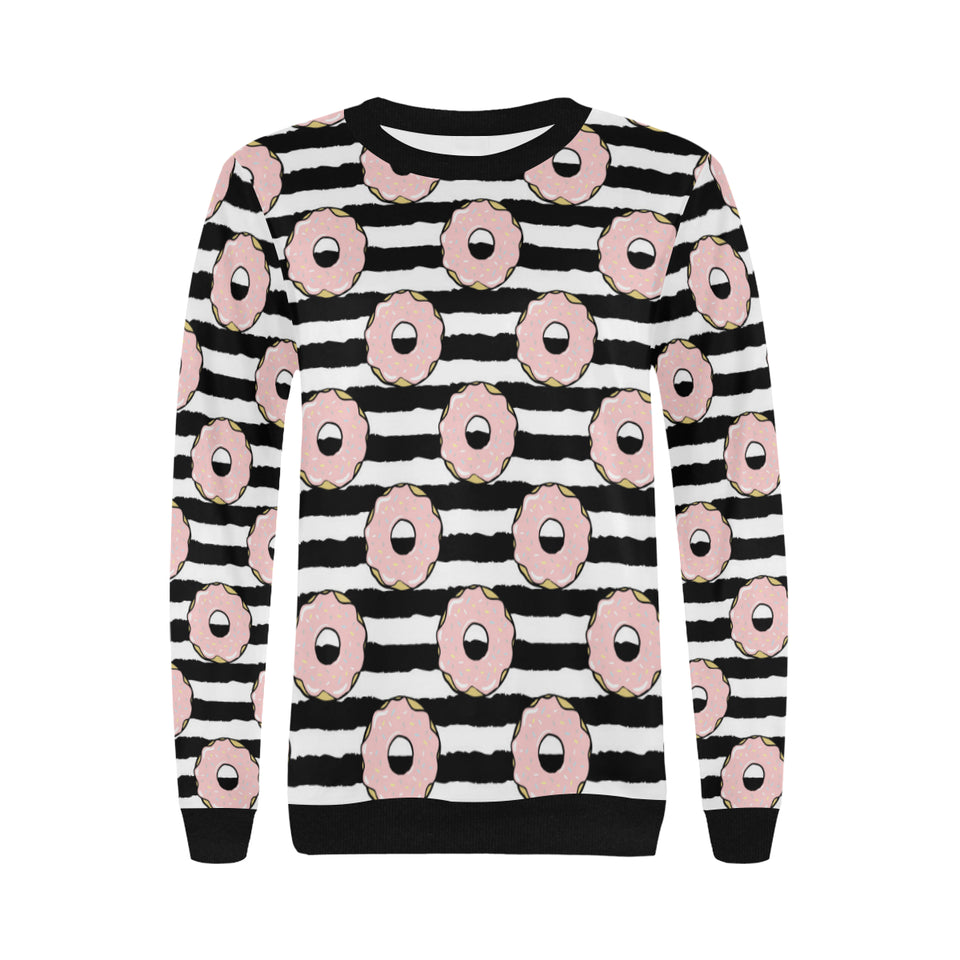 Donuts pink icing striped pattern Women's Crew Neck Sweatshirt