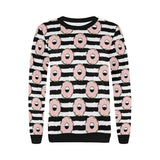 Donuts pink icing striped pattern Women's Crew Neck Sweatshirt