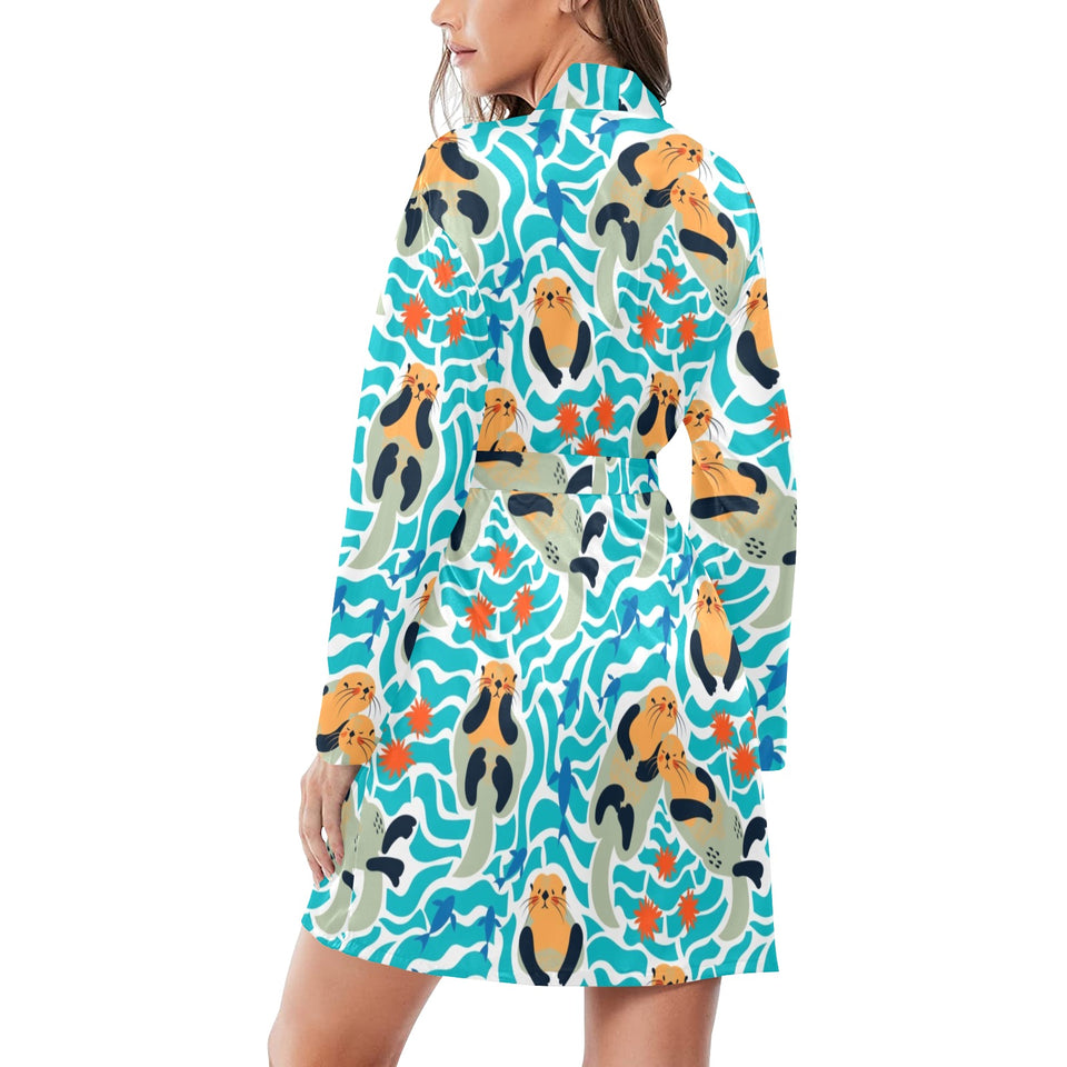 Cute sea otters fishe sea urchin pattern Women's Long Sleeve Belted Night Robe
