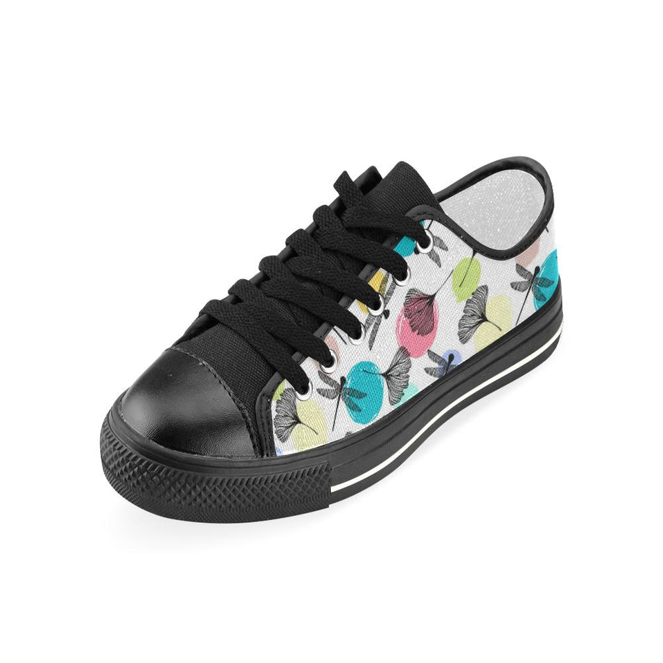 Dragonflies ginkgo leaves pattern Kids' Boys' Girls' Low Top Canvas Shoes Black