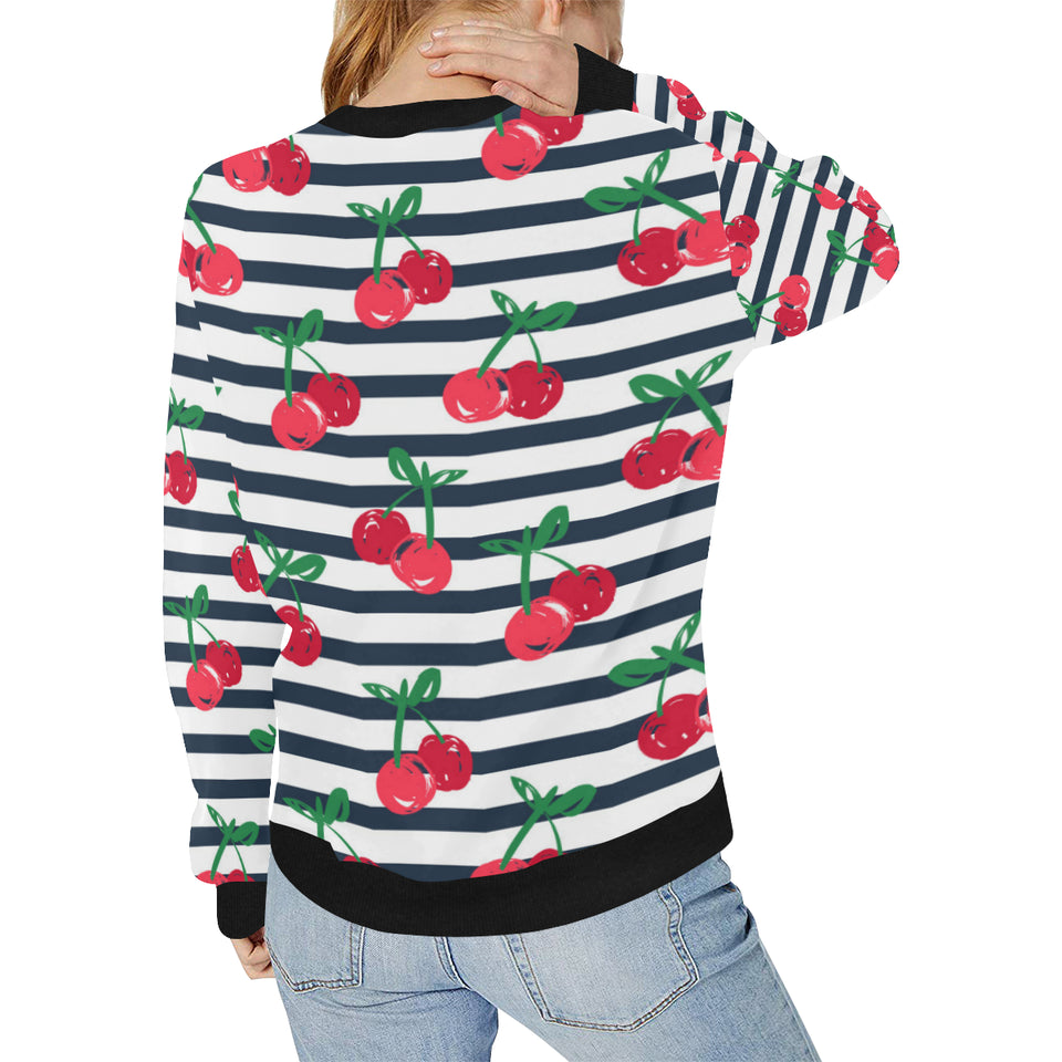 Hand drawn cherry pattern striped background Women's Crew Neck Sweatshirt