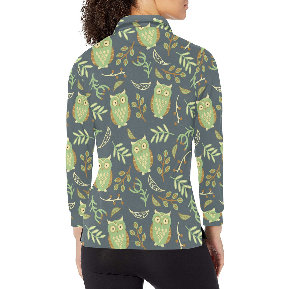 Cute owls leaves pattern Women's Long Sleeve Polo Shirt