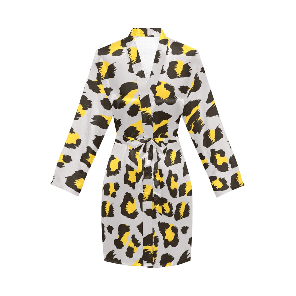 Gray Leopard print pattern Women's Long Sleeve Belted Night Robe