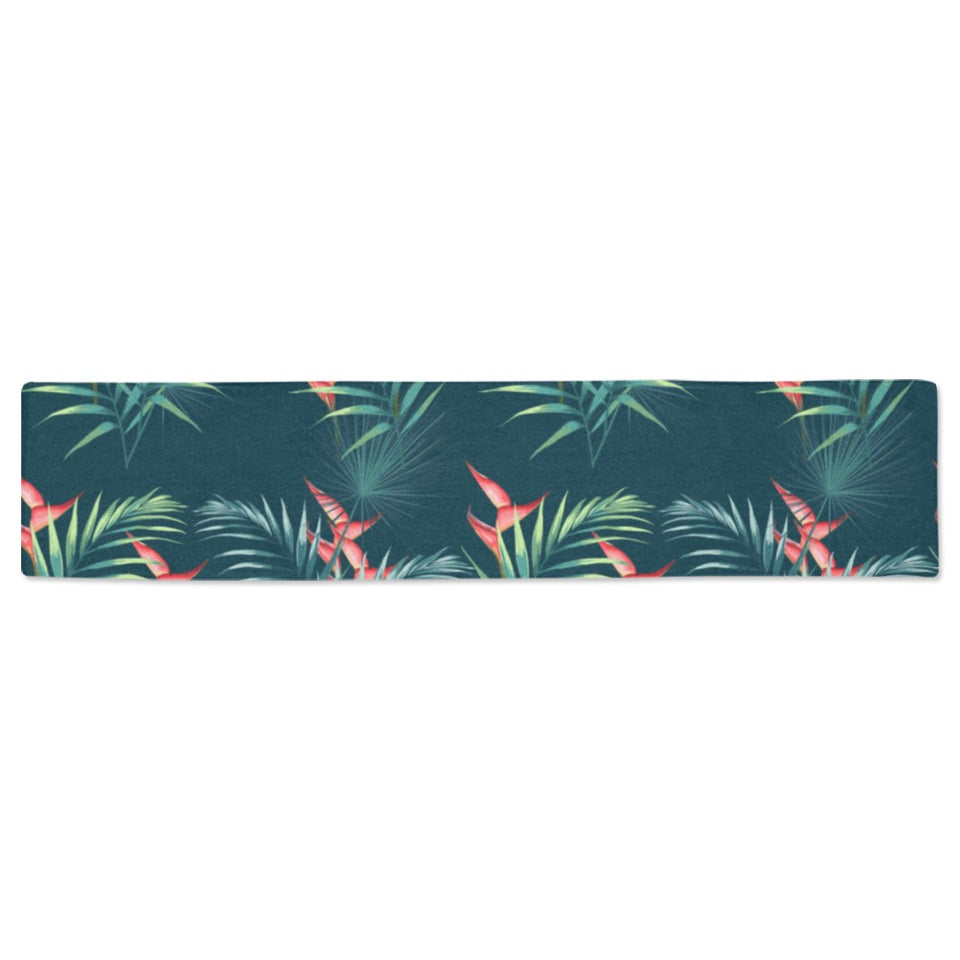 heliconia flowers, palm and monstera leaves on bla Table Runner