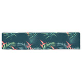 heliconia flowers, palm and monstera leaves on bla Table Runner