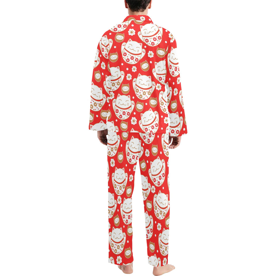Cute Maneki neko cat red background Men's Long Pajama Set