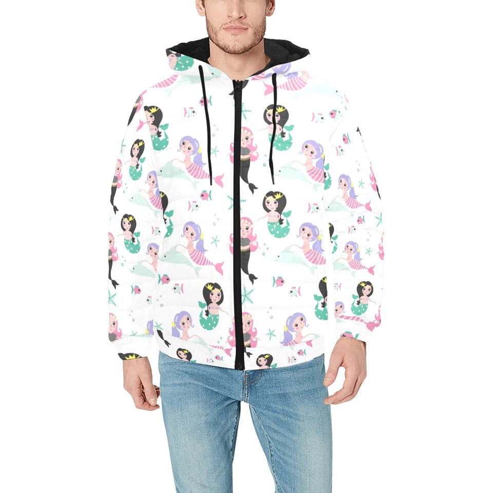 cute mermaid dolphin fish starfish pattern Men's Padded Hooded Jacket