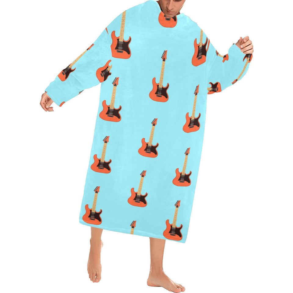 electric guitar pattern light blue background Blanket Robe with Sleeves