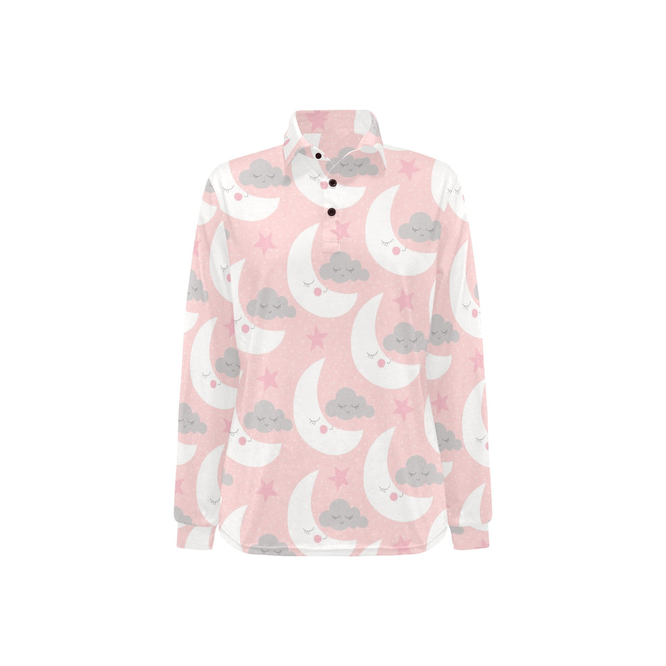 Cute moon cloud star pattern pink dot background Women's Long Sleeve Polo Shirt