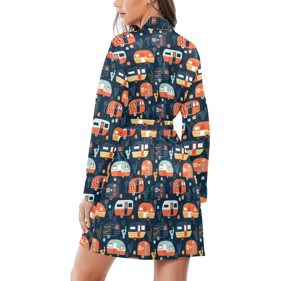 Camper Van Pattern Print Design 05 Women's Long Sleeve Belted Night Robe