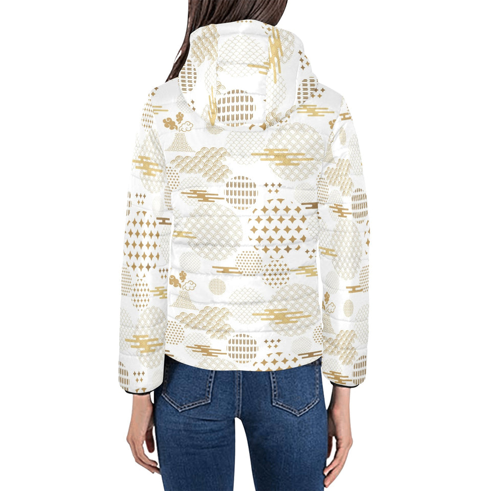 Beautiful gold japanese pattern Women's Padded Hooded Jacket