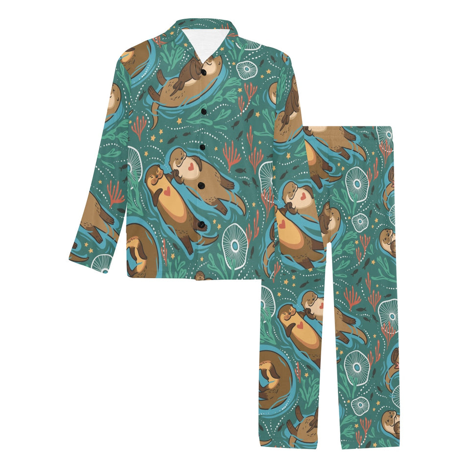 cute brown sea otters ornamental seaweed corals gr Men's Long Pajama Set