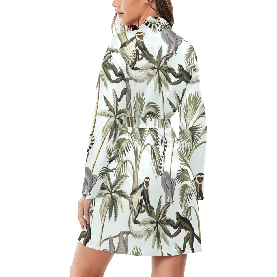 Monkey sloth lemur palm trees pattern Women's Long Sleeve Belted Night Robe
