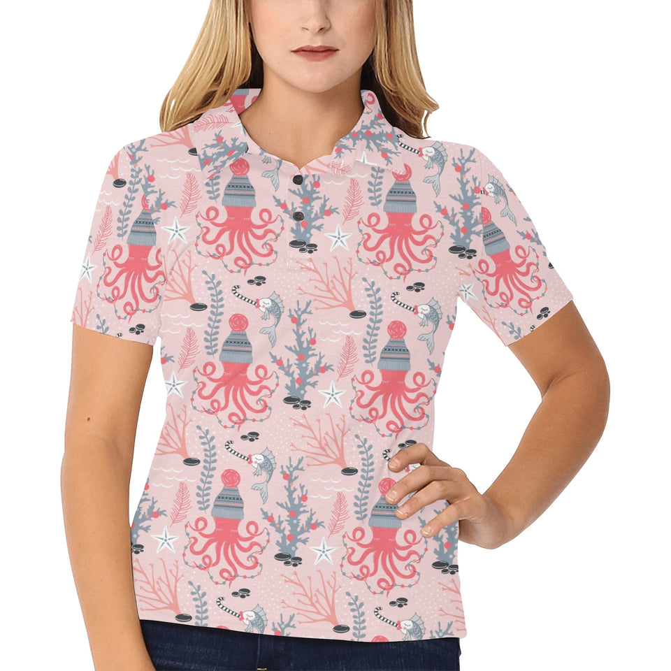 Octopus winter hat garland Fish candy Seaweed Cora Women's All Over Print Polo Shirt