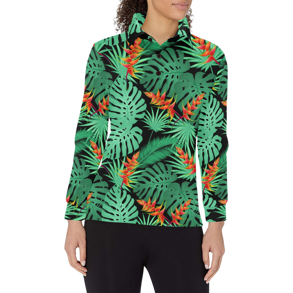 heliconia flower palm monstera leaves black backgr Women's Long Sleeve Polo Shirt