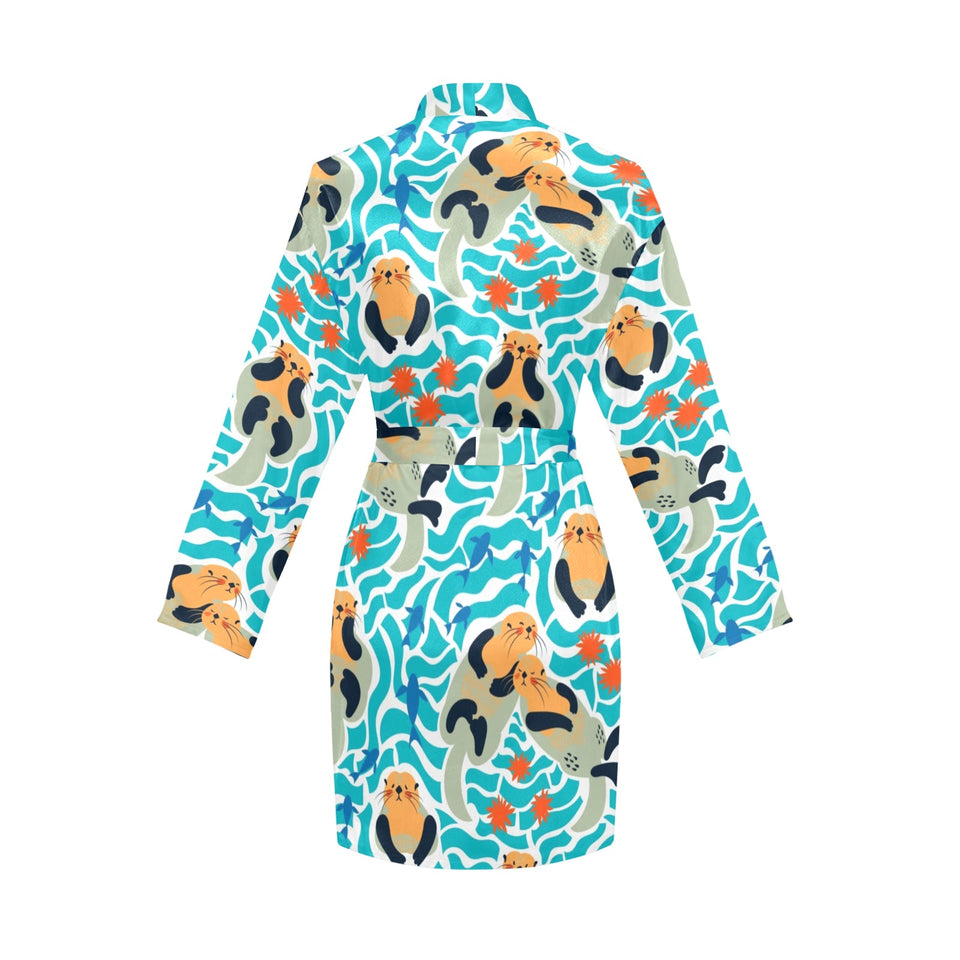 Cute sea otters fishe sea urchin pattern Women's Long Sleeve Belted Night Robe