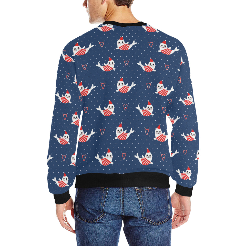 Cute sea lion seal christmas hat candy cane heart Men's Crew Neck Sweatshirt