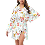 Maneki neko cat fan sakura Women's Long Sleeve Belted Night Robe