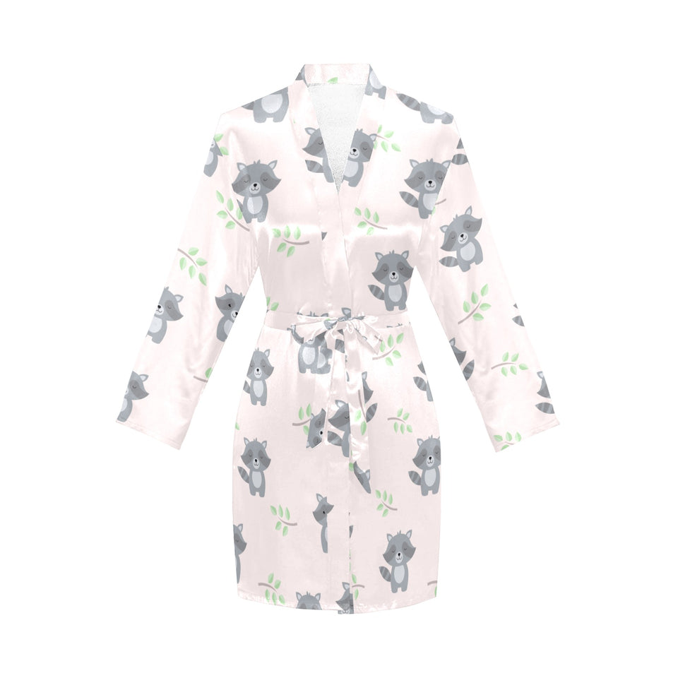 cute raccoons leaves pattern Women's Long Sleeve Belted Night Robe