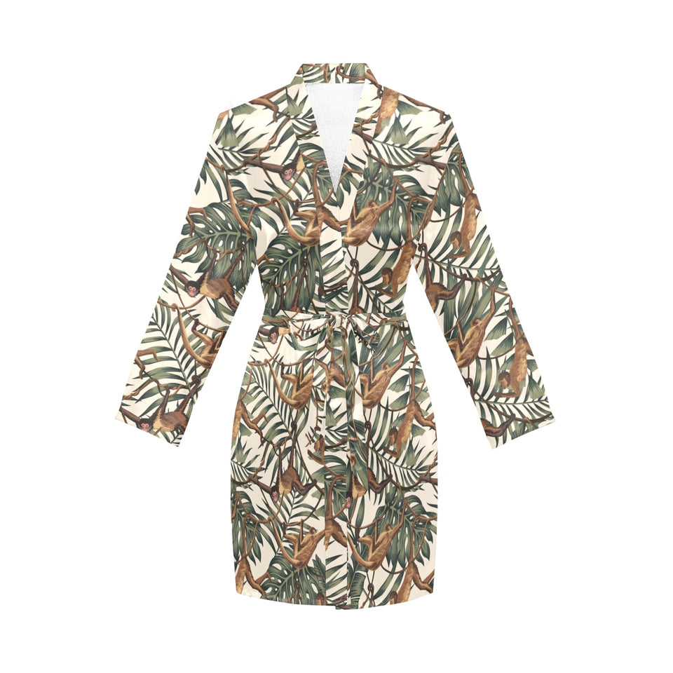 Monkey tropical leaves background Women's Long Sleeve Belted Night Robe