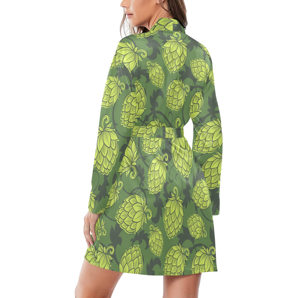 Hop pattern Hop cone background Women's Long Sleeve Belted Night Robe