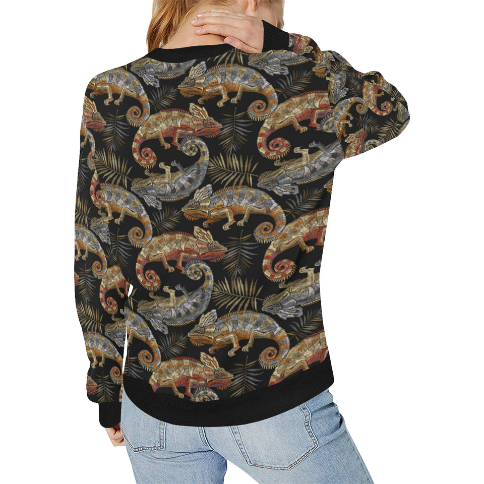 Chameleon lizard tropical leaves palm tree Women's Crew Neck Sweatshirt