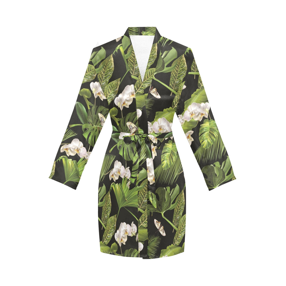 White orchid flower tropical leaves pattern blackg Women's Long Sleeve Belted Night Robe