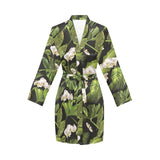 White orchid flower tropical leaves pattern blackg Women's Long Sleeve Belted Night Robe