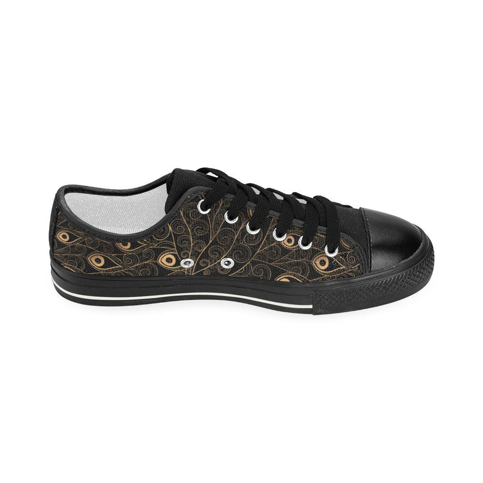 Gold peacock feather pattern Kids' Boys' Girls' Low Top Canvas Shoes Black