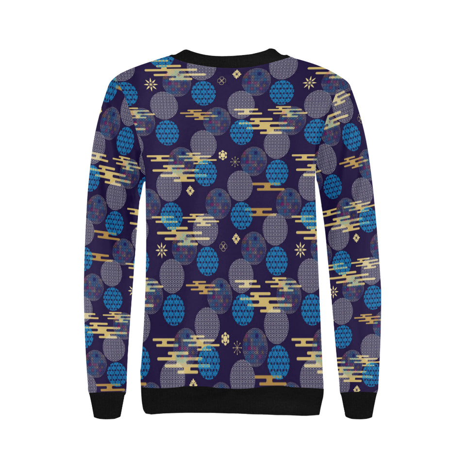 Blue japanese pattern cloud wave flower Women's Crew Neck Sweatshirt