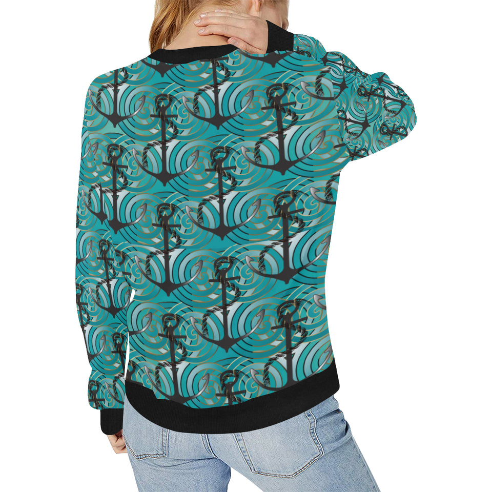 Anchor nautical green background Women's Crew Neck Sweatshirt