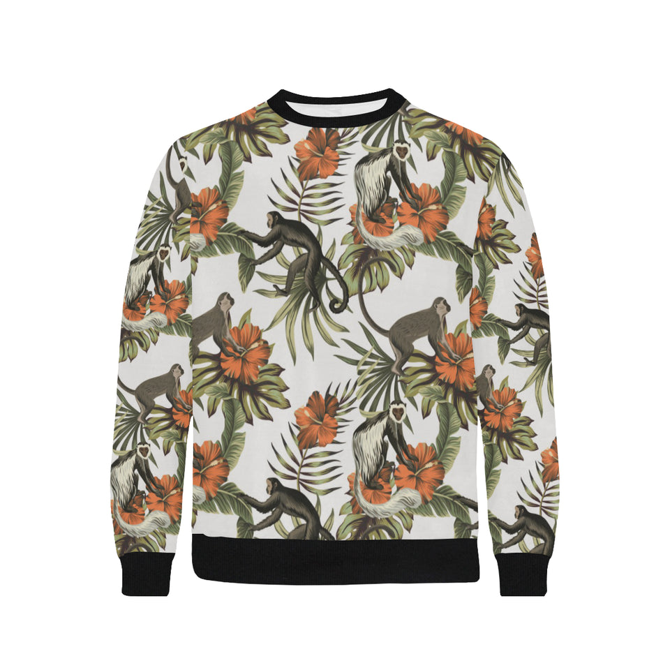 Monkey red hibiscus flower palm leaves floral patt Men's Crew Neck Sweatshirt