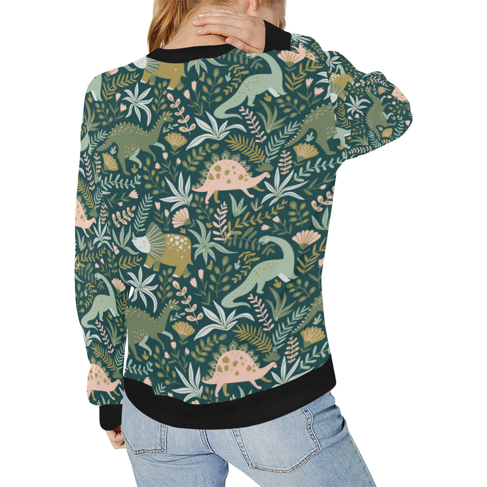 dinosaurs tropical leaves flower pattern Women's Crew Neck Sweatshirt