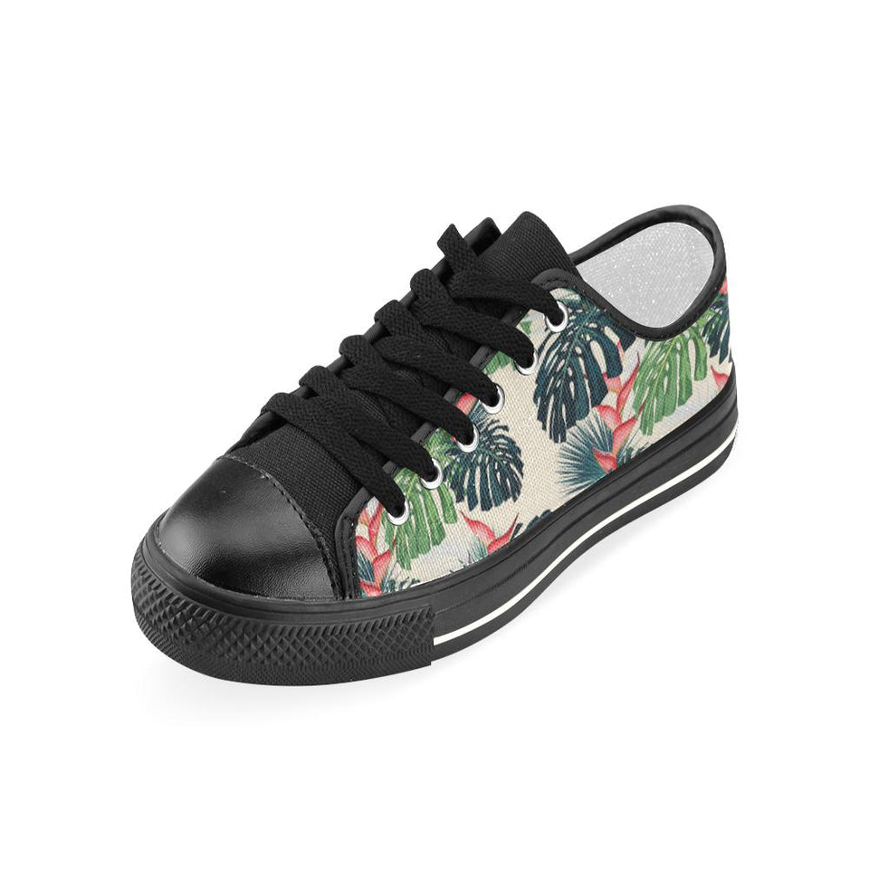 heliconia flowers, palm and monstera leaves Kids' Boys' Girls' Low Top Canvas Shoes Black