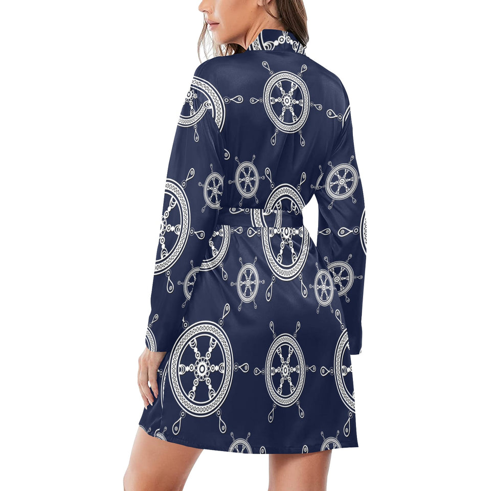 nautical steering wheel design pattern Women's Long Sleeve Belted Night Robe