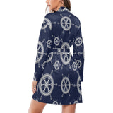 nautical steering wheel design pattern Women's Long Sleeve Belted Night Robe